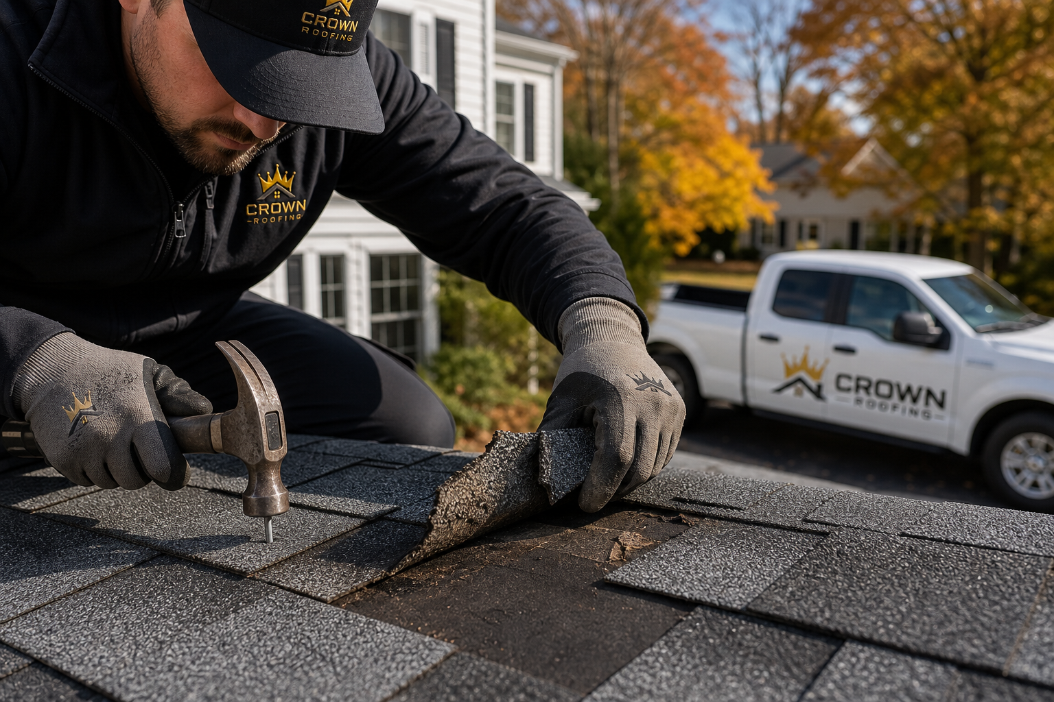 Crown Roofing crew inspecting shingles and underlayment during a roof assessment in Danbury