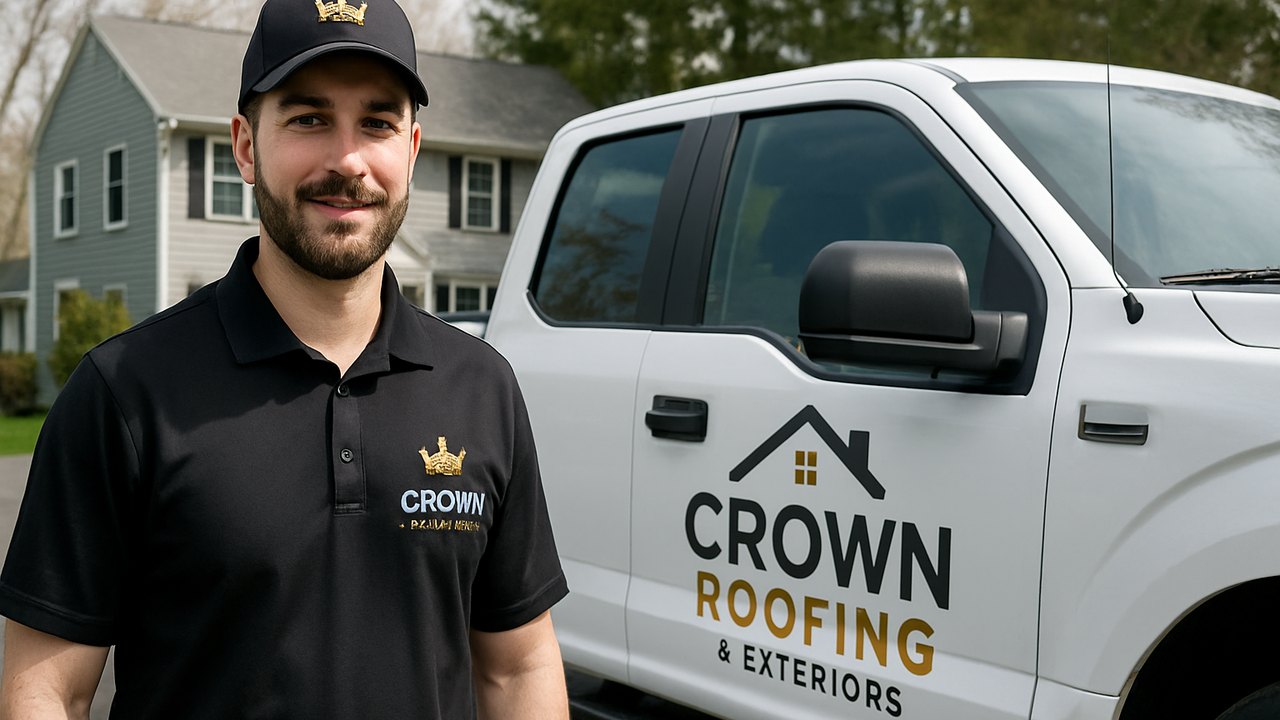 Crown Roofing & Exteriors technician and branded truck at Connecticut home