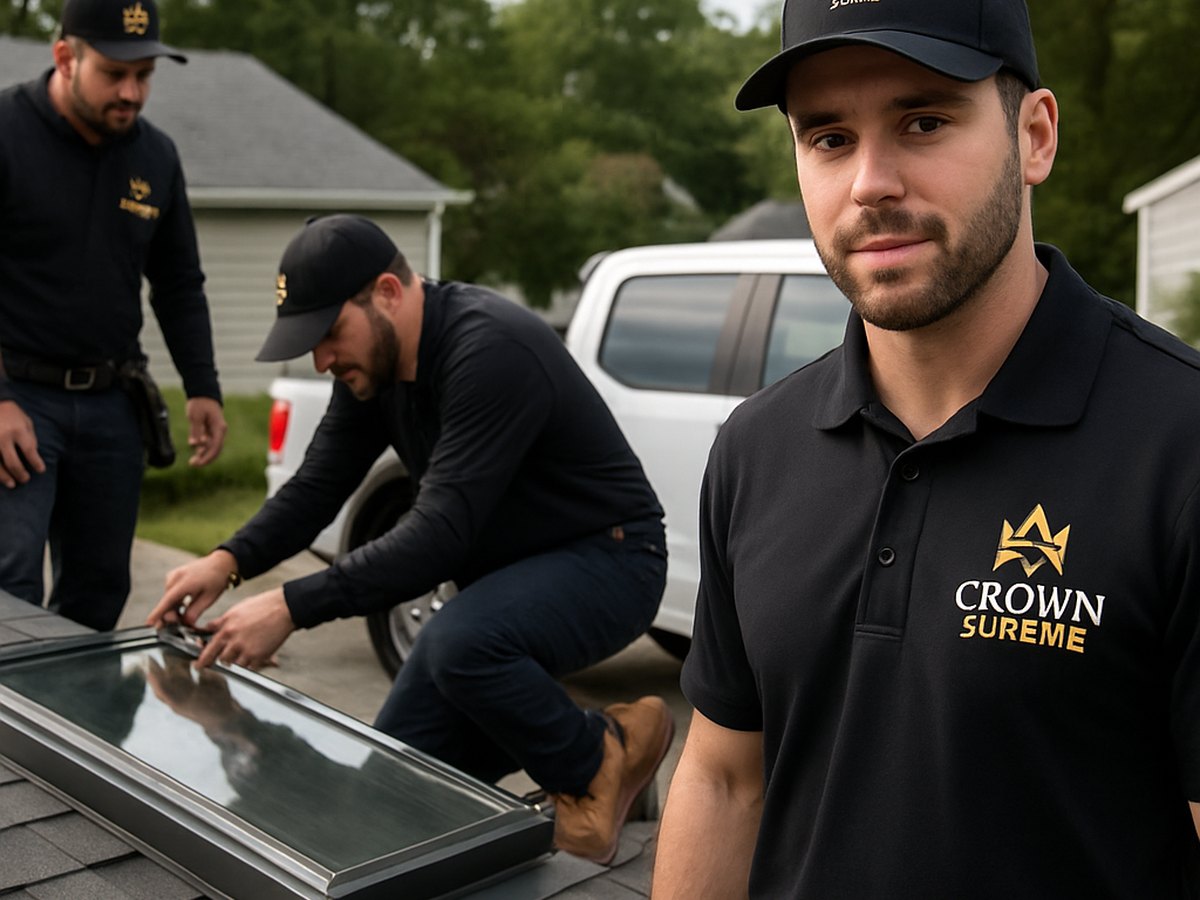 Crown Roofing & Exteriors crew repairing skylight curb on Connecticut roof