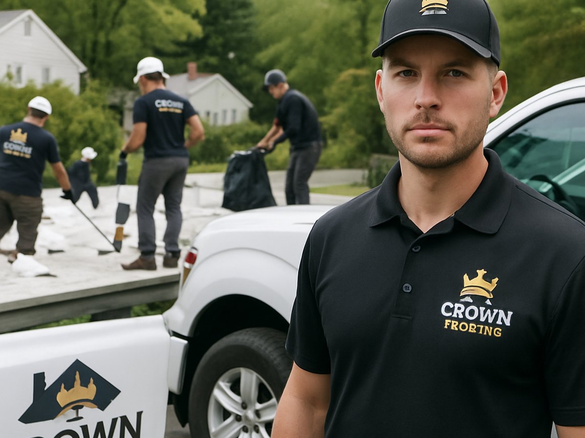 Crown Roofing & Exteriors crew repairing flat roof with uniforms and branded truck visible