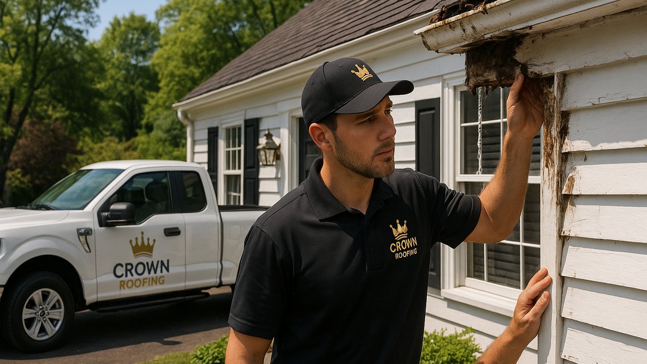 Crown Roofing & Exteriors technician inspects fascia near gutters on Connecticut Colonial home