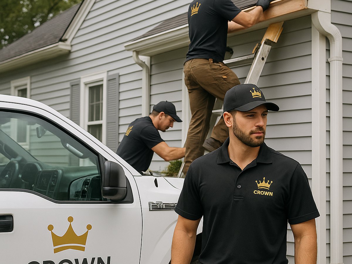 Crown Roofing & Exteriors crew repairs fascia and cleans gutter, branded uniforms and truck visible