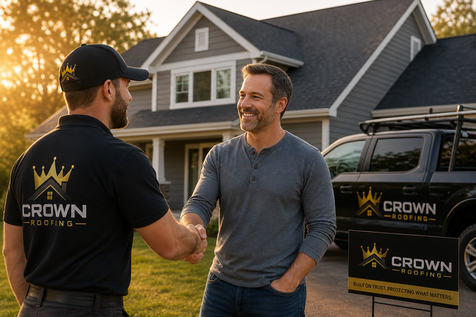 Crown Roofing professional handshake with satisfied customer at a completed job site