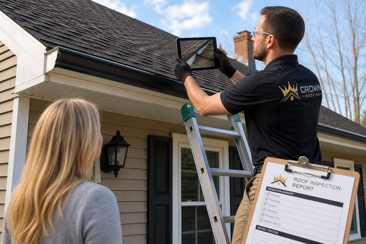 Crown Roofing technician inspecting attic ventilation during a roof life assessment