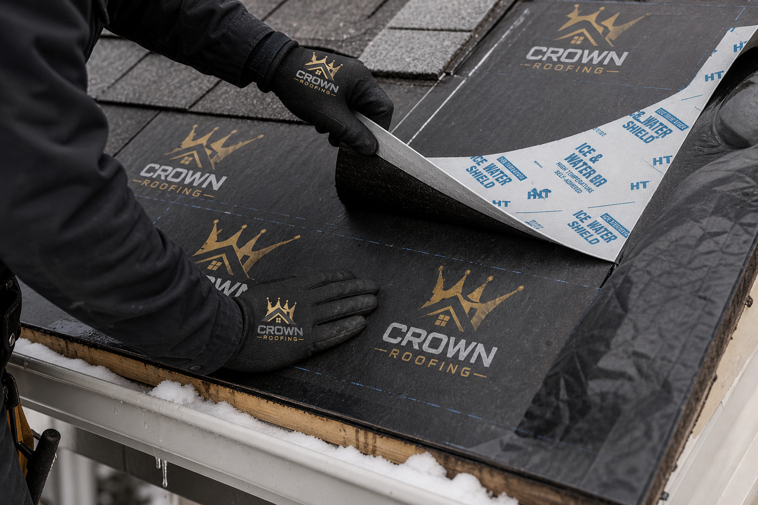 Crown Roofing specialist documenting ice dam staining near a cold eave in Fairfield County