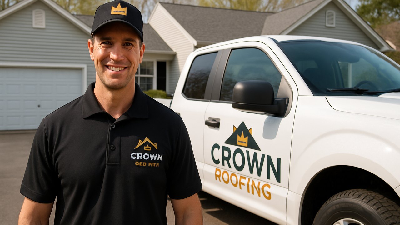 Crown Roofing & Exteriors technician and branded truck at Connecticut home