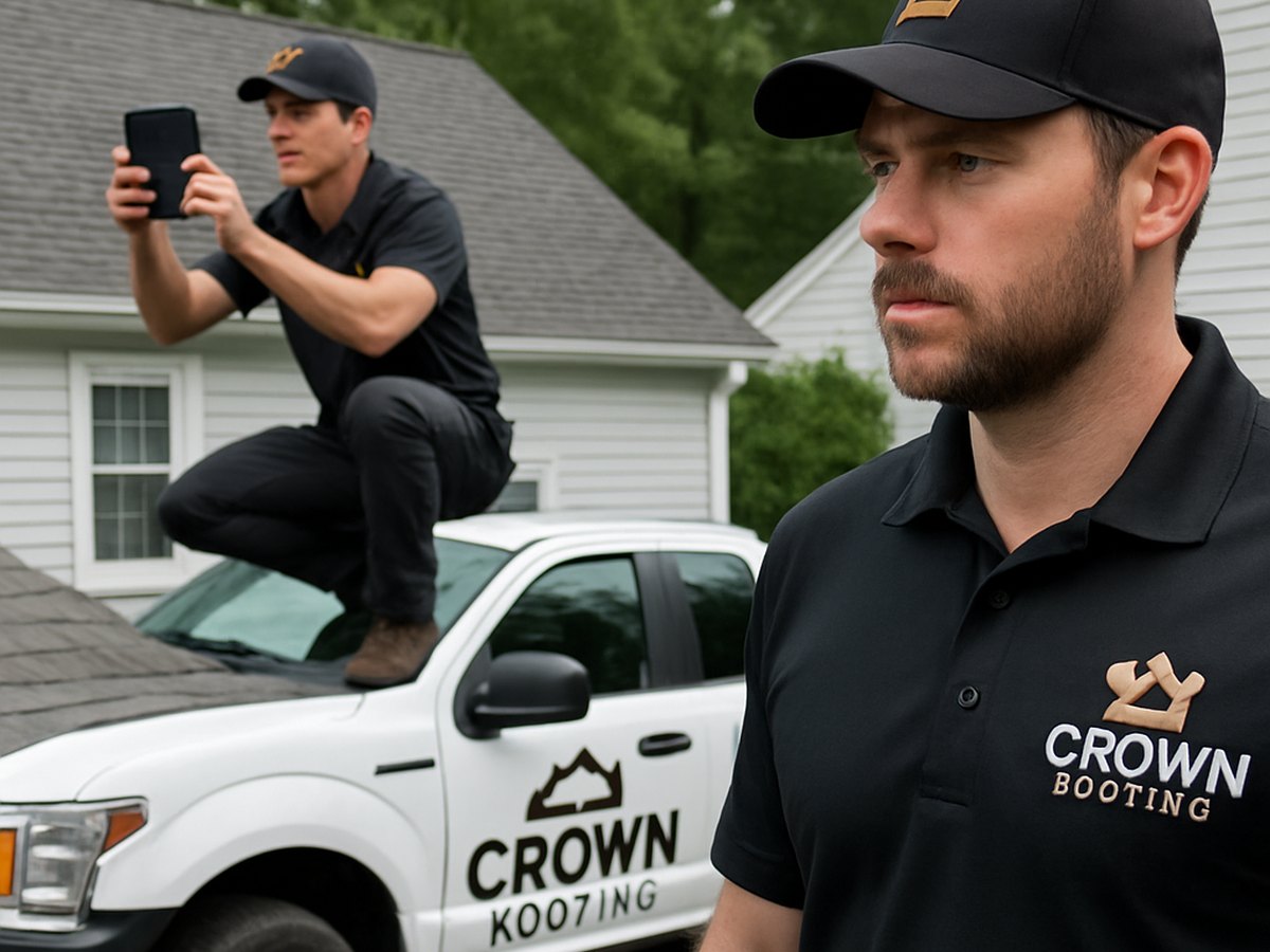 Crown Roofing & Exteriors crew taking roof damage photos with branded uniforms and truck
