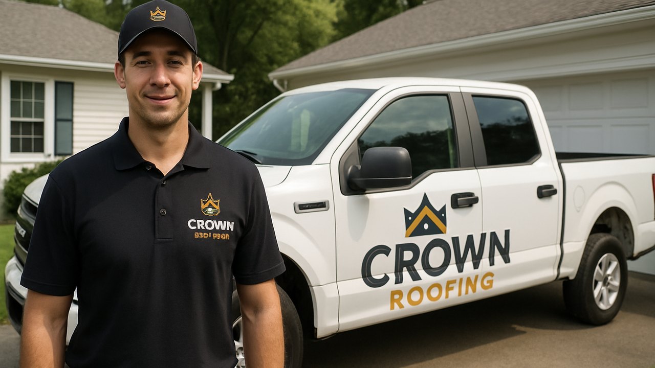 Crown Roofing & Exteriors technician in logo uniform and branded truck in Connecticut neighborhood