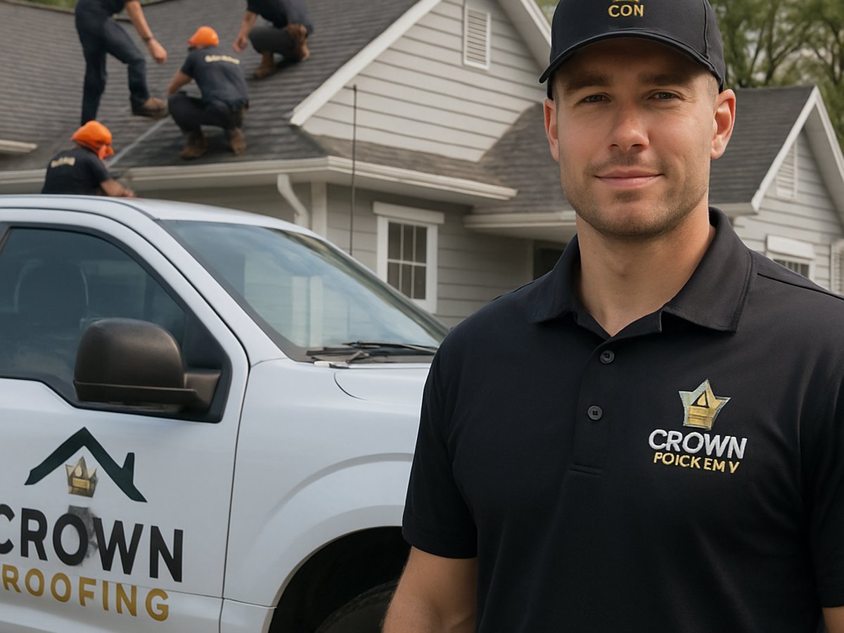Crown Roofing & Exteriors crew performing roof repair with branded uniforms and truck