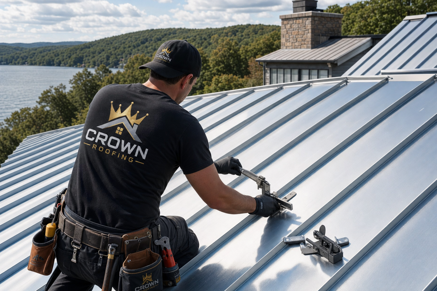 Crown Roofing technician securing metal roof panels before winter in Litchfield County