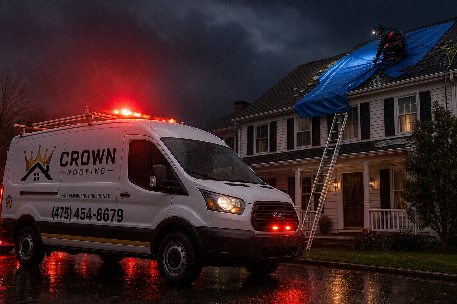 Crown Roofing technician photographing nor'easter roof damage for an insurance report