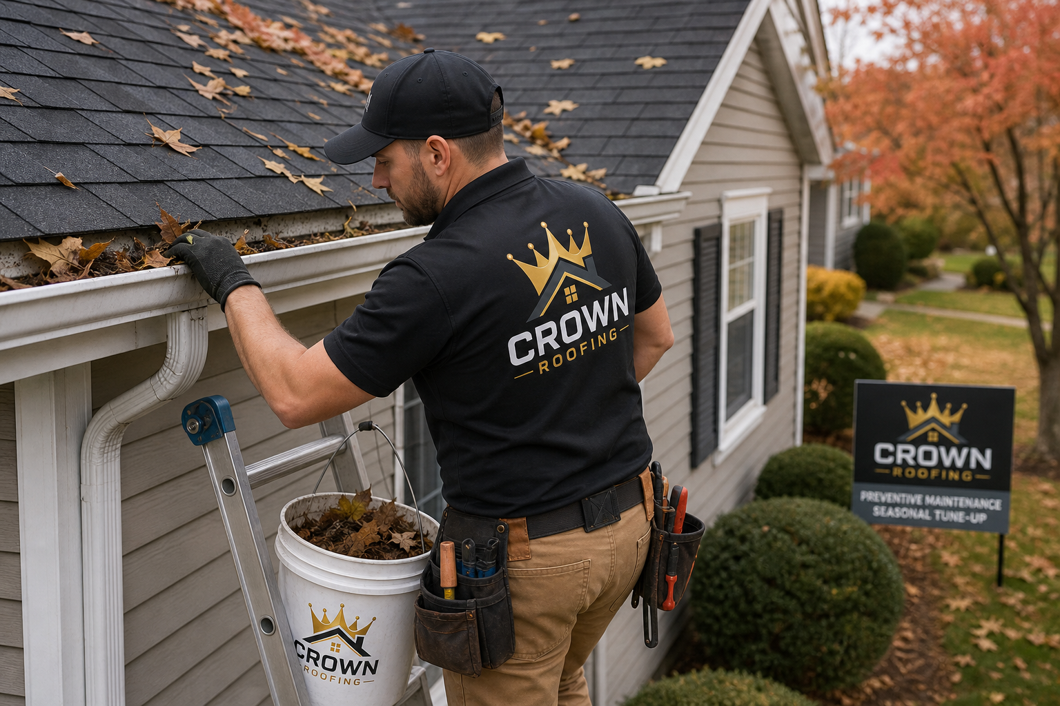 Crown Roofing crew securing ridge caps before Connecticut winter weather