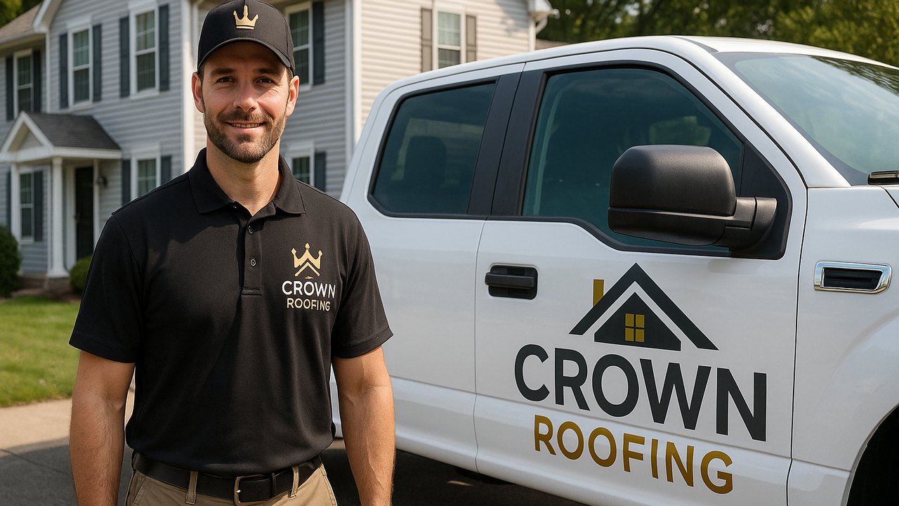 Crown Roofing & Exteriors technician in uniform with branded truck in Connecticut suburb