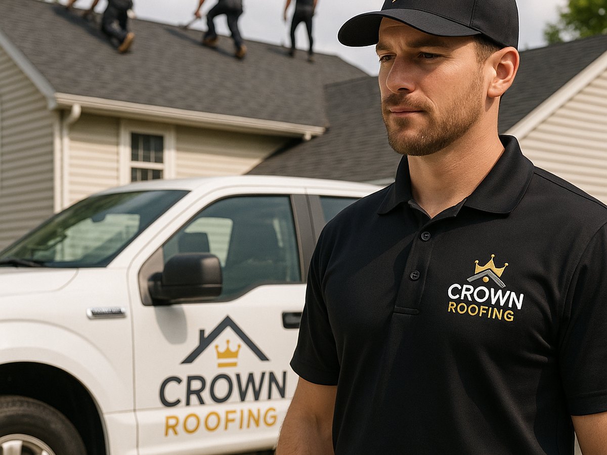 Crown Roofing & Exteriors crew repairing ridge cap on Connecticut home with branded truck visible