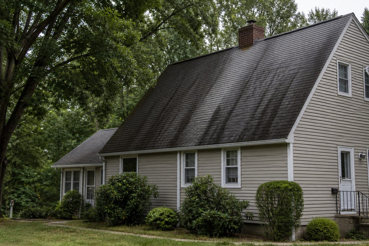Asphalt shingle roof on a Connecticut home showing dark algae streaks on shaded slopes