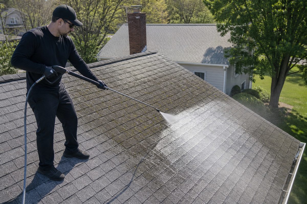 Crown Roofing & Exteriors technician soft washing algae streaks from a Connecticut asphalt roof