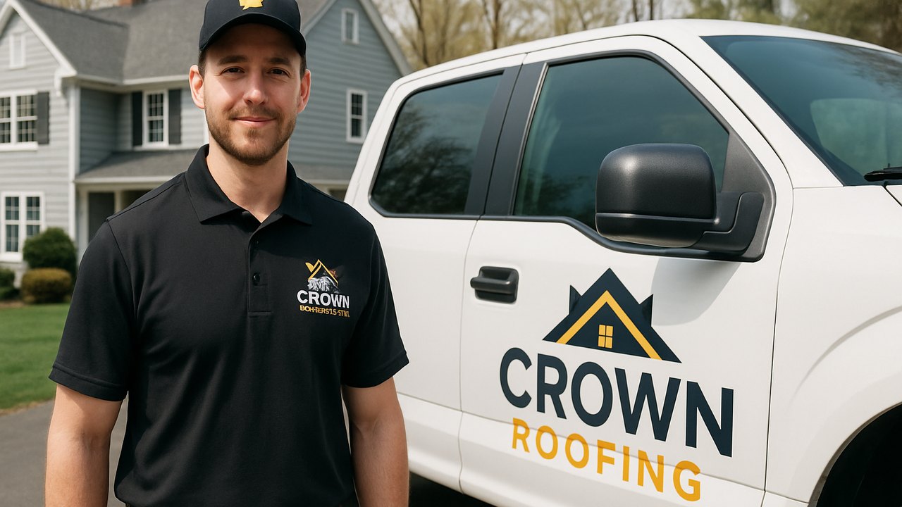 Crown Roofing & Exteriors technician and branded truck at Connecticut home