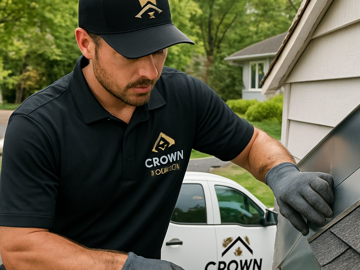 Crown Roofing & Exteriors crew repairing roof flashing with branded uniforms and truck