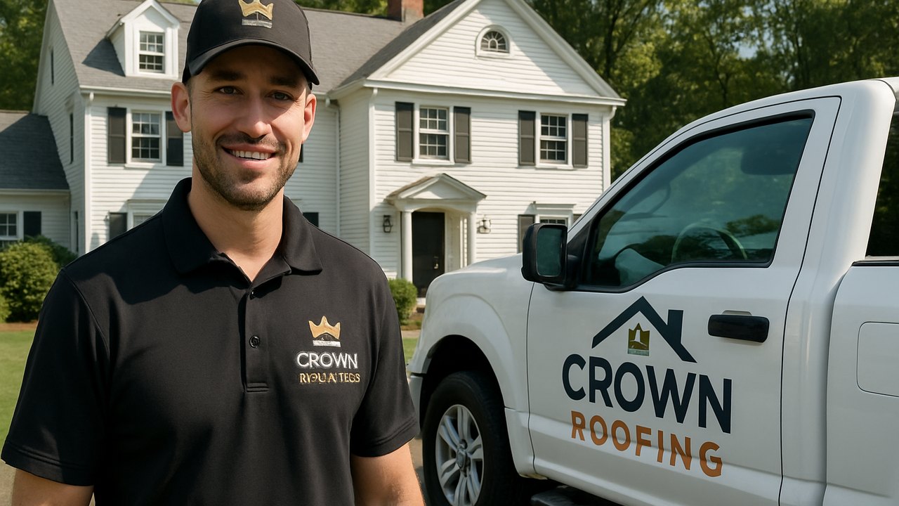 Crown Roofing & Exteriors technician, logo visible, with branded truck in Connecticut home driveway