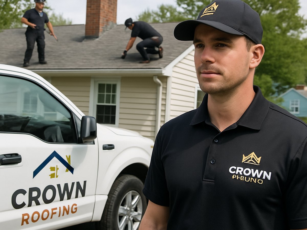 Crown Roofing & Exteriors crew working on Connecticut roof, uniforms and truck display company logo
