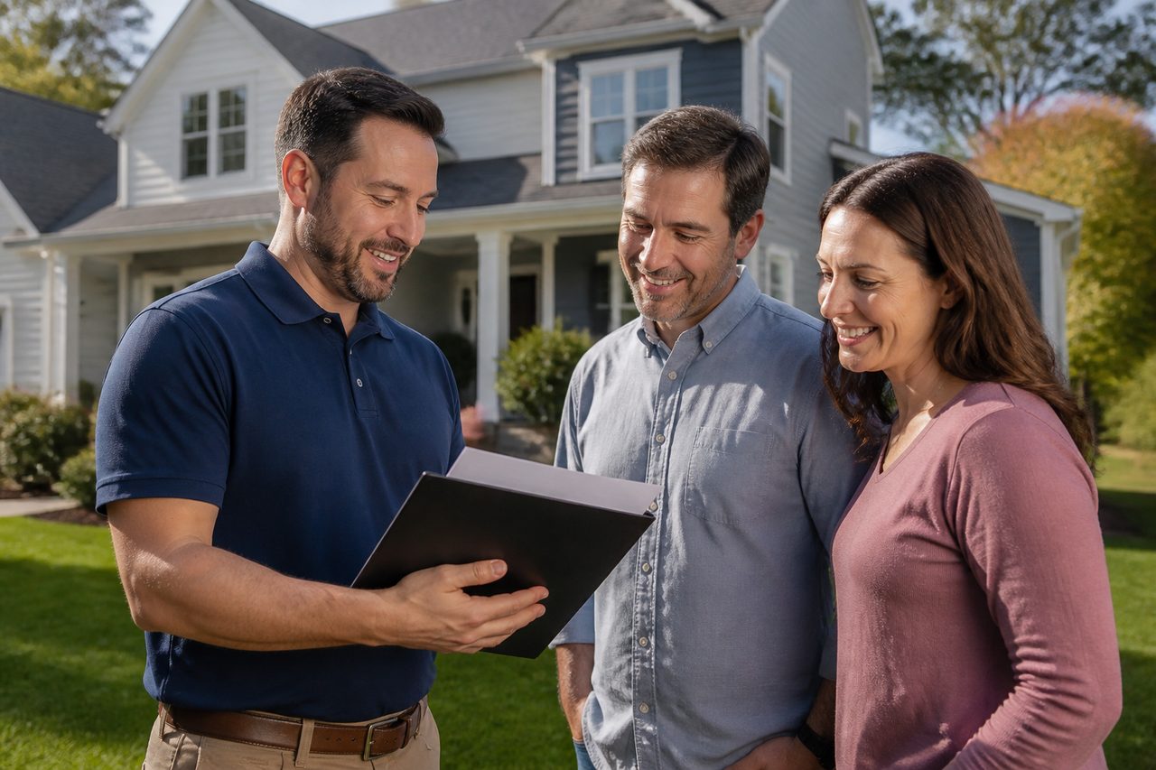 Crown Roofing & Exteriors estimator reviewing a written roof replacement quote with Connecticut homeowners outside their home