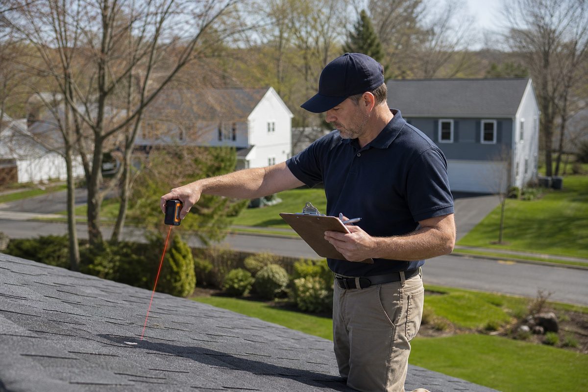 Crown Roofing & Exteriors project manager measuring a roof and preparing a detailed written estimate in Connecticut