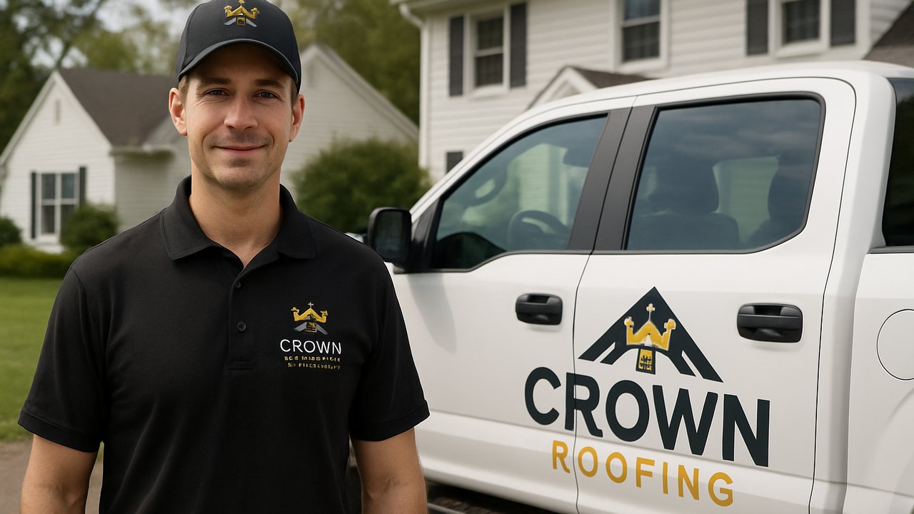 Crown Roofing & Exteriors technician in branded uniform and truck at Connecticut home