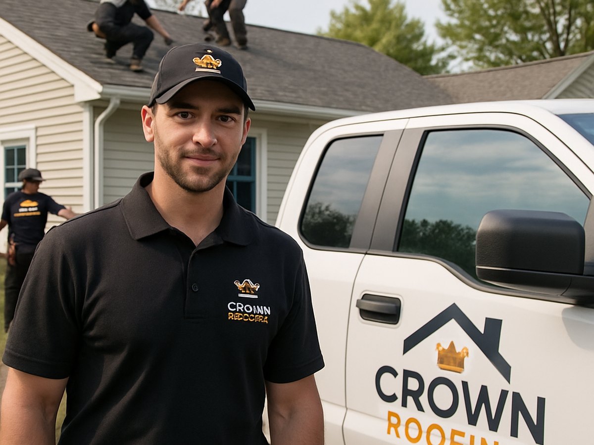 Crown Roofing & Exteriors crew working on a roof with branded uniforms and truck visible