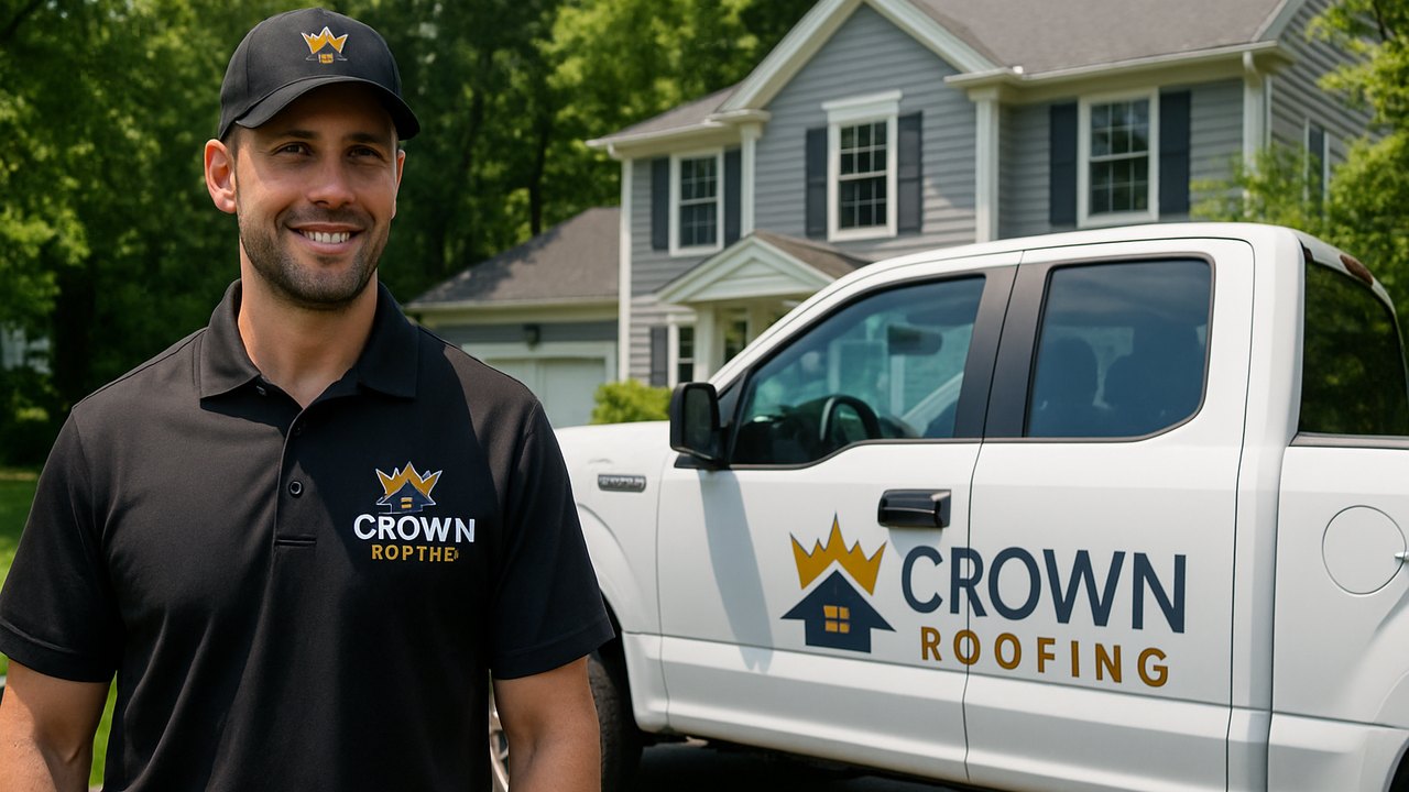 Crown Roofing & Exteriors technician and branded truck at Connecticut home