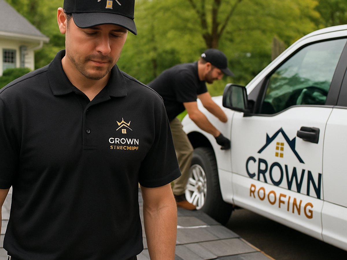 Crown Roofing & Exteriors crew repairing a Connecticut roof, branded uniforms and truck visible