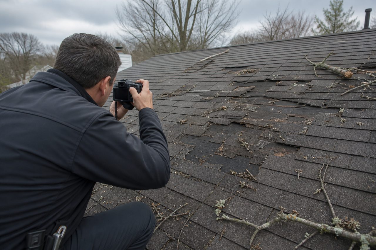 Crown Roofing & Exteriors technician photographing wind-damaged shingles on a Connecticut roof to document an insurance claim