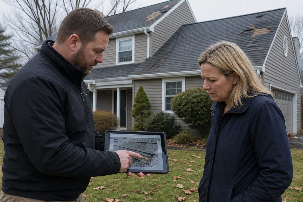 Crown Roofing & Exteriors inspector reviewing storm roof damage documentation with a Connecticut homeowner