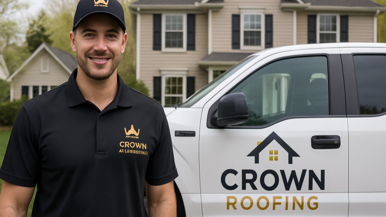 Crown Roofing & Exteriors technician in branded uniform and truck outside Connecticut home