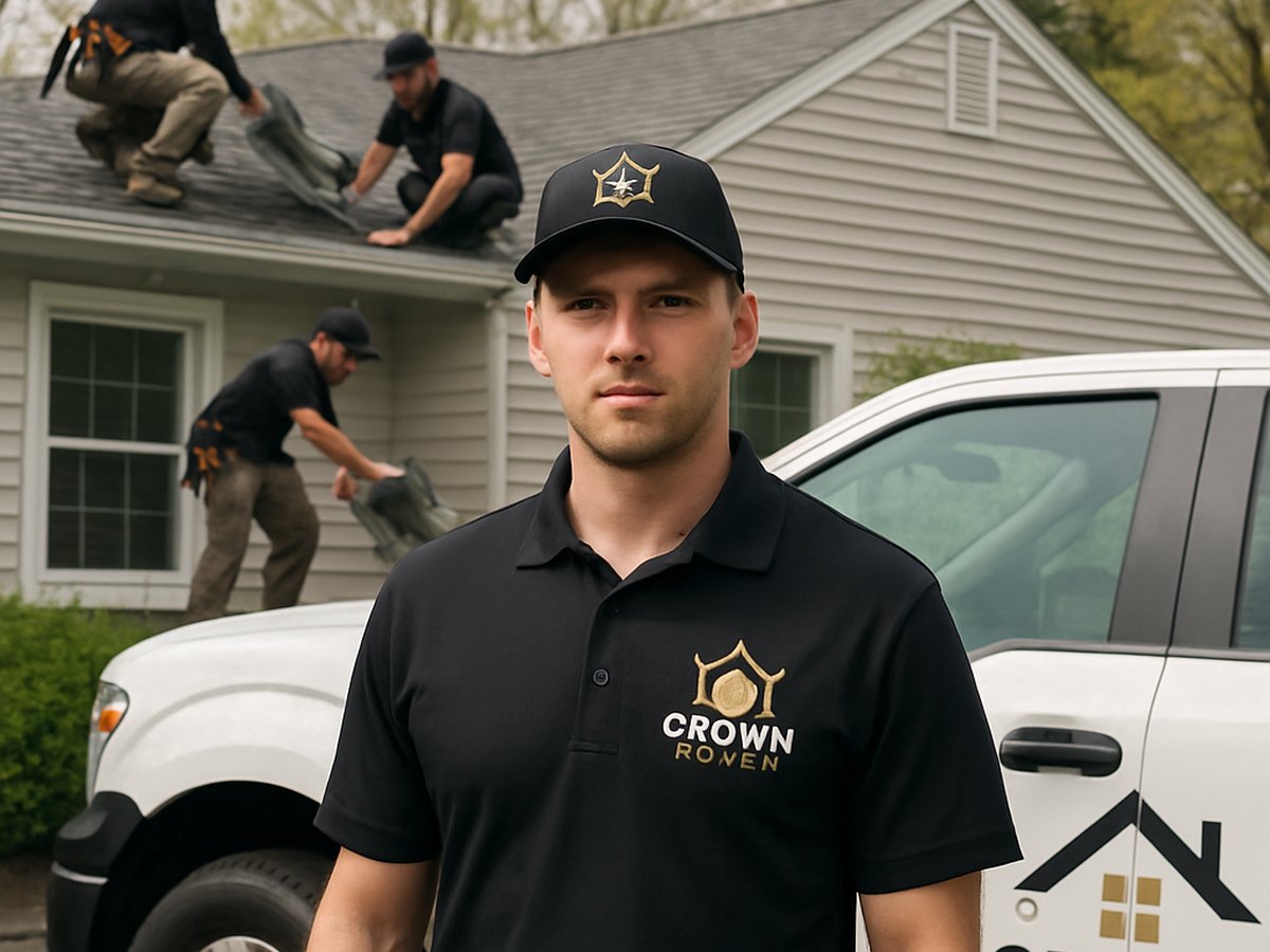 Crown Roofing & Exteriors crew in logo uniforms and truck working on Connecticut roof