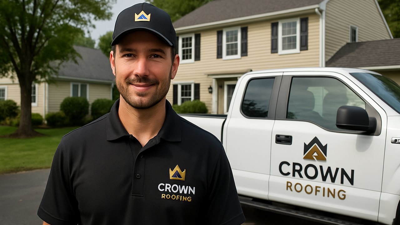 Crown Roofing & Exteriors technician and branded truck outside Connecticut home