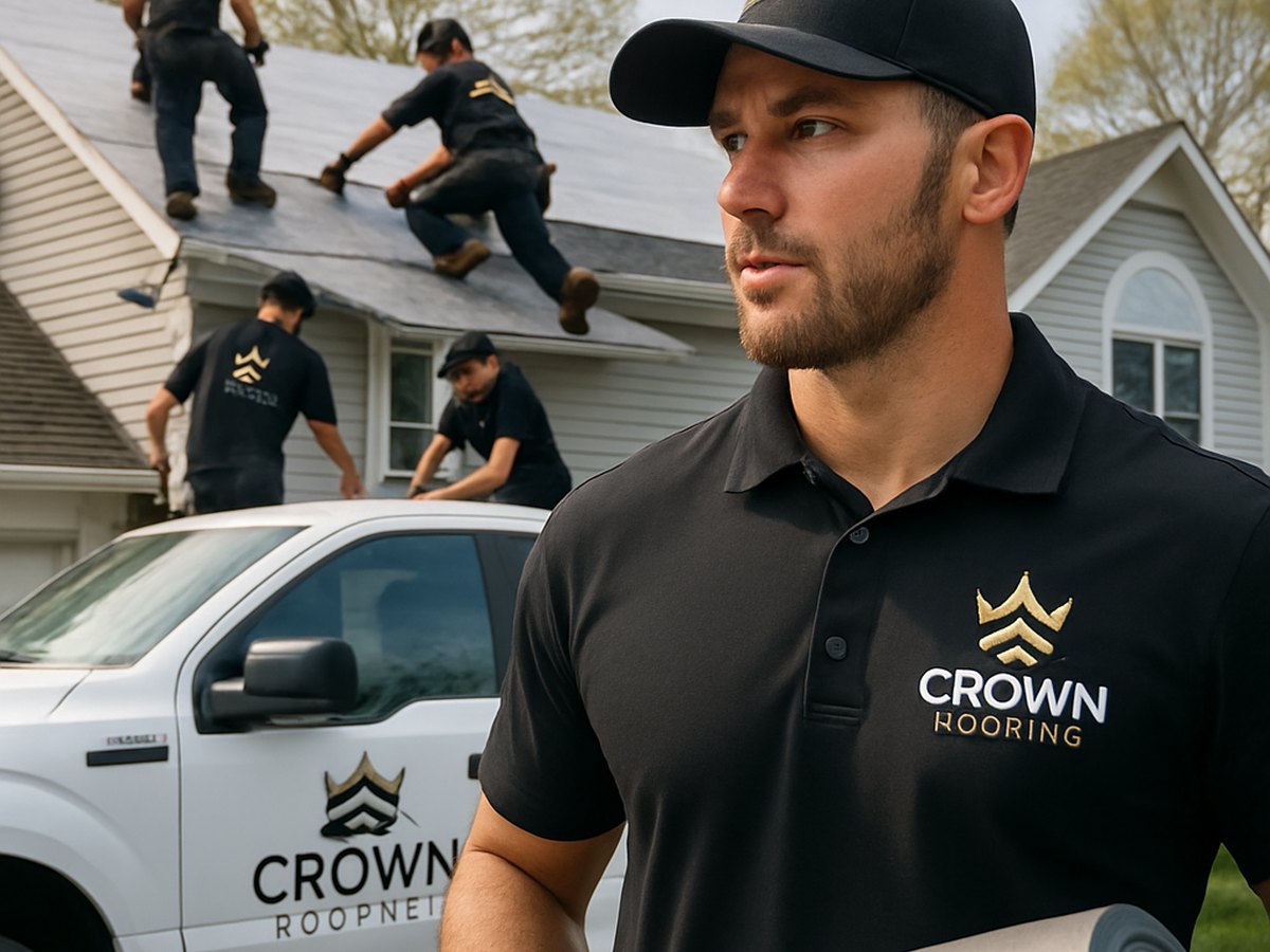 Crown Roofing & Exteriors crew installing roof underlayment, branded uniforms and truck visible