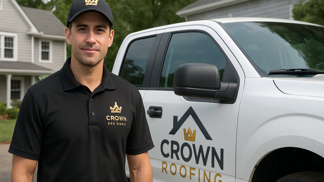 Crown Roofing & Exteriors technician in uniform with branded truck outside a Connecticut home