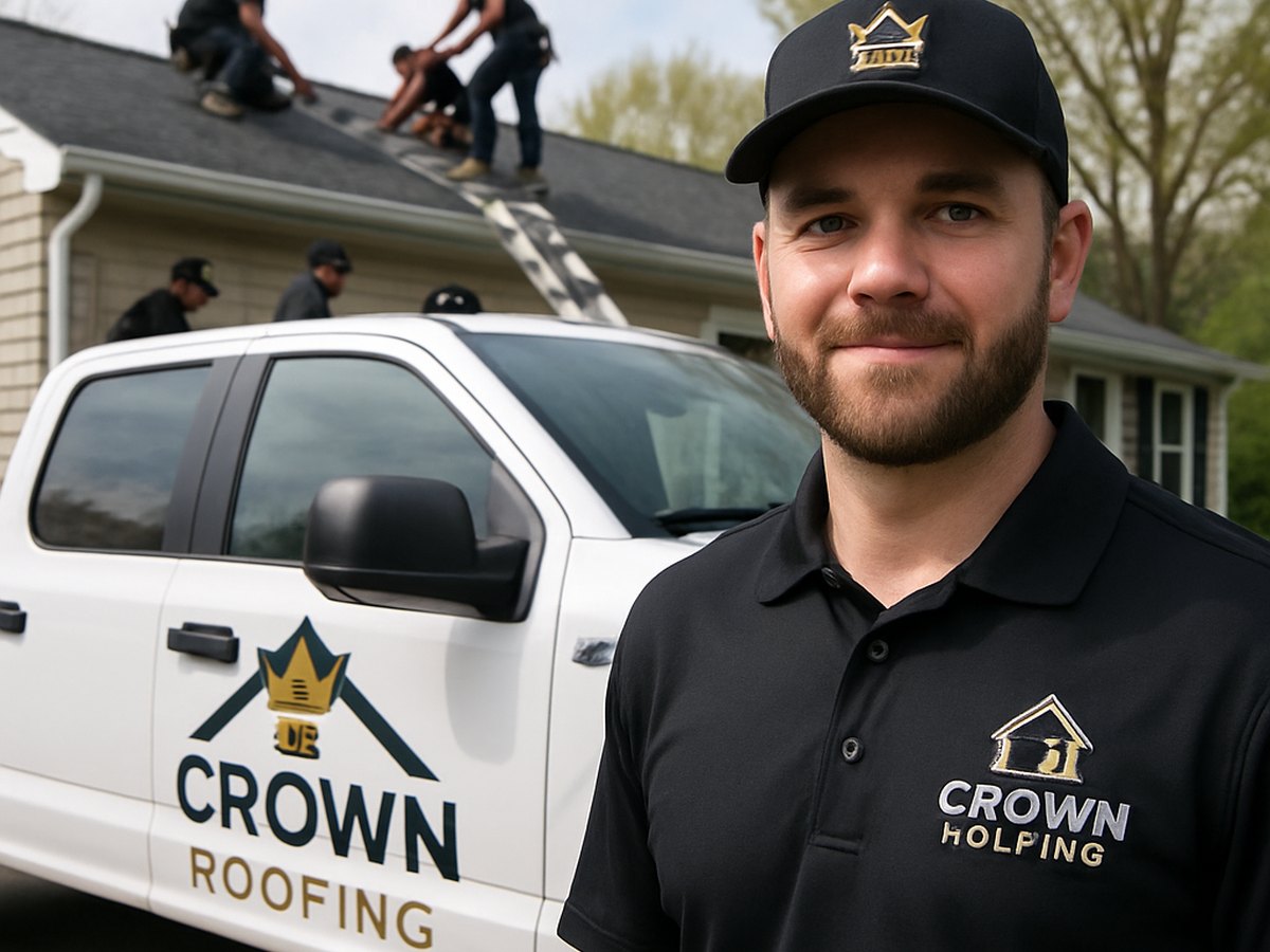 Crown Roofing & Exteriors crew in branded gear working on Connecticut roof with company truck visible