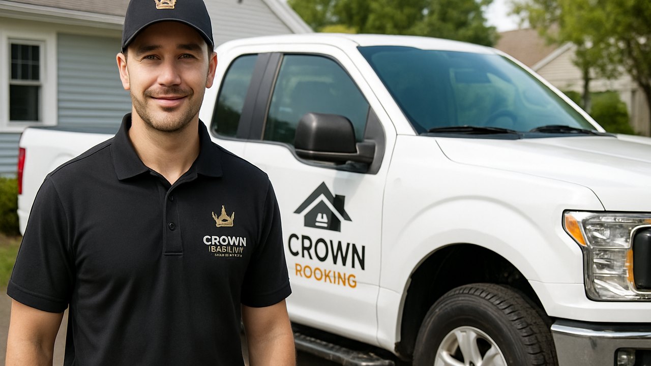 Crown Roofing & Exteriors technician beside branded truck in Connecticut neighborhood
