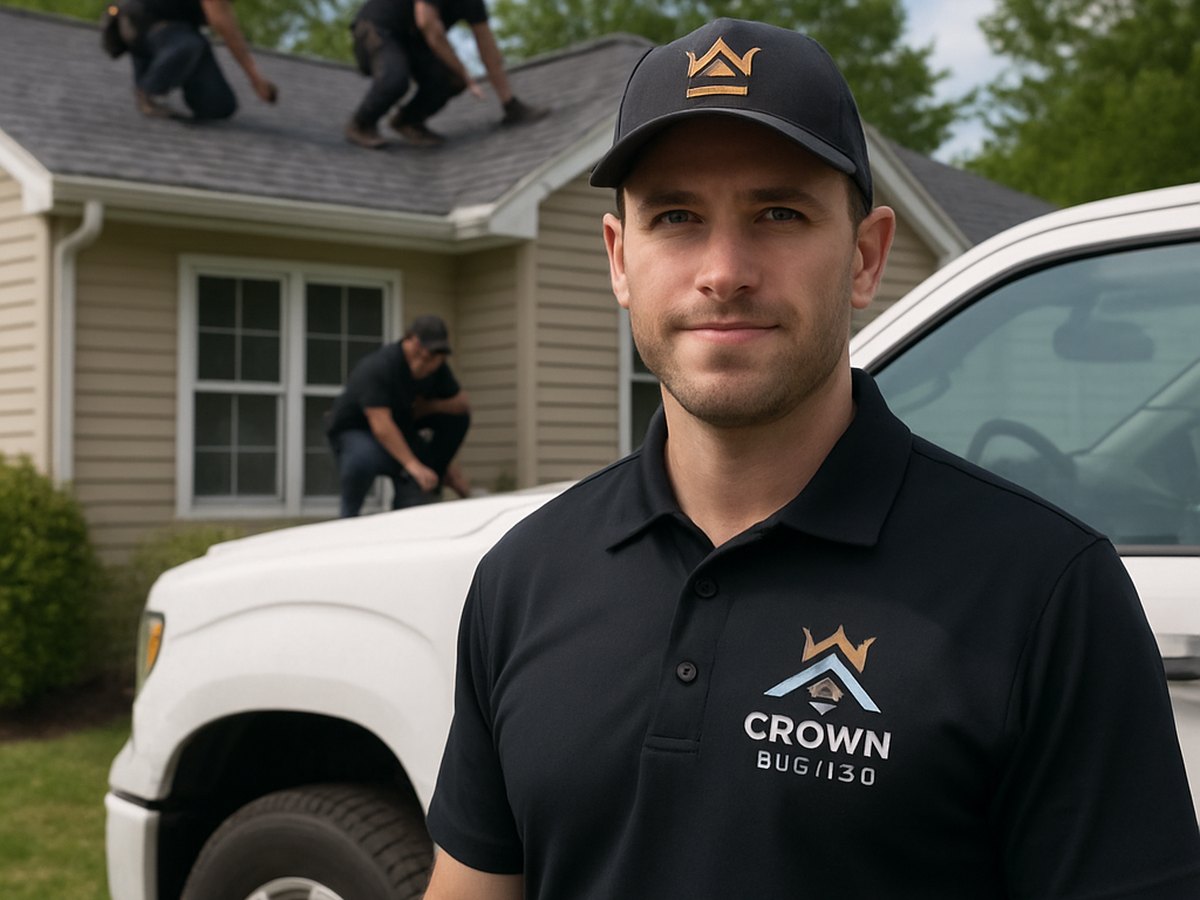 Crown Roofing & Exteriors crew working on roof with branded truck visible