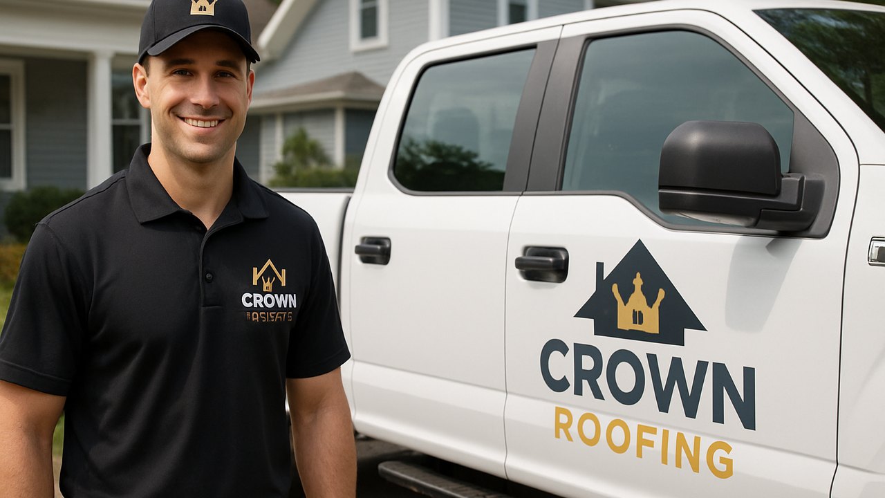 Crown Roofing & Exteriors technician in black uniform with branded truck in Connecticut