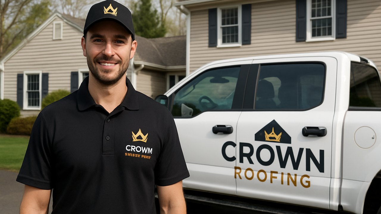 Crown Roofing & Exteriors technician in branded uniform with logo and truck at a Connecticut home
