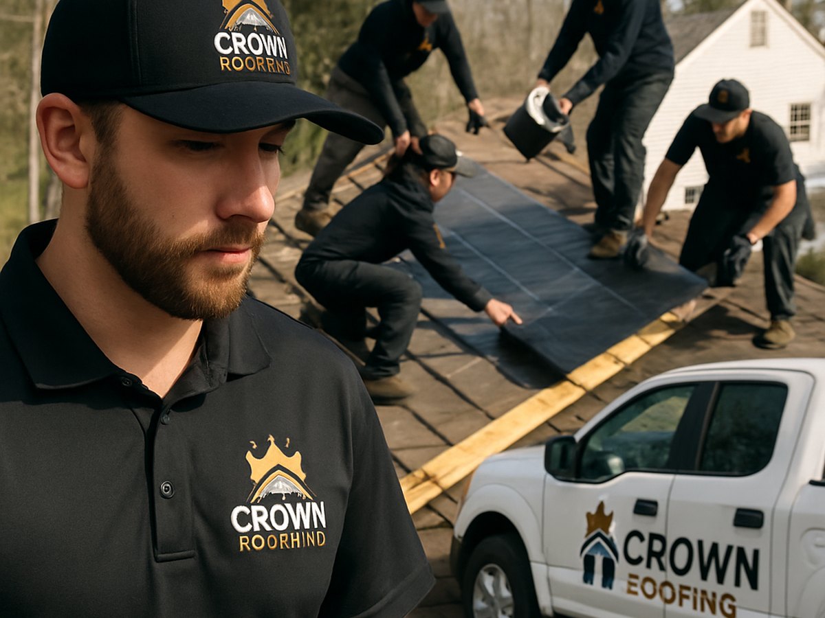 Crown Roofing & Exteriors crew installing roof membrane, uniforms and truck with company branding