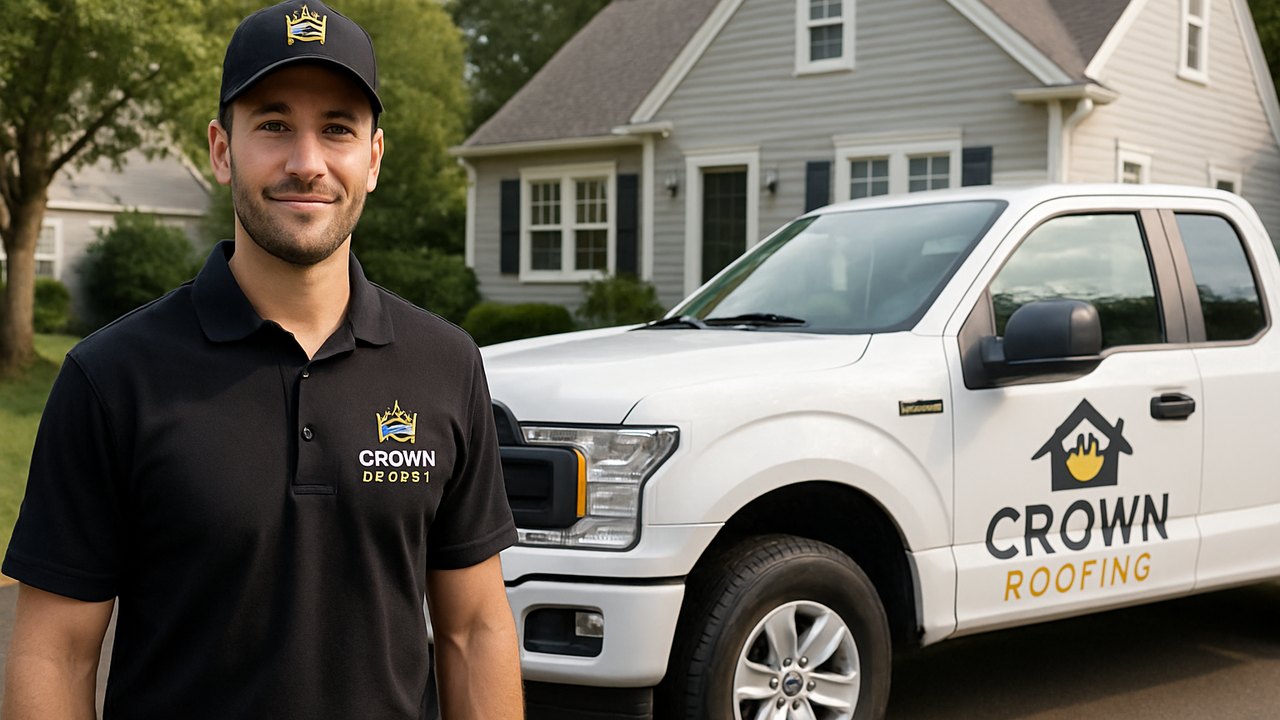 Crown Roofing & Exteriors technician in uniform with branded truck outside Connecticut home
