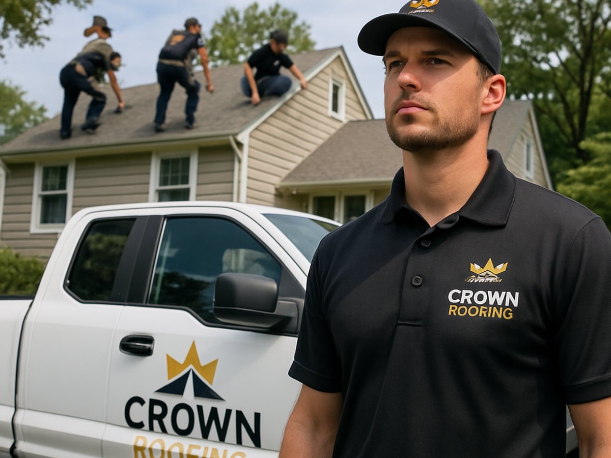 Crown Roofing & Exteriors crew on roof, uniforms and truck with house-and-crown logo in Connecticut