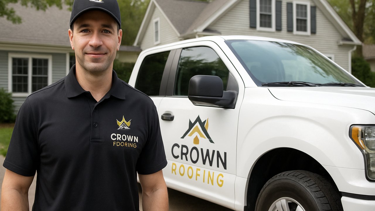 Crown Roofing & Exteriors technician and truck with house-and-crown logo and CROWN ROOFING branding on a Connecticut home.