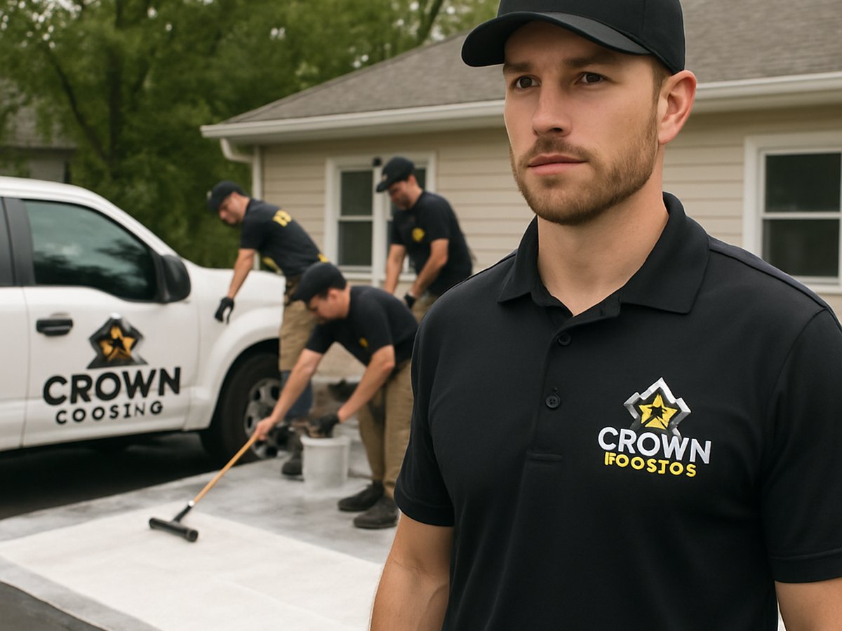 Crown Roofing & Exteriors crew waterproofing a Connecticut roof, branded uniforms and truck clearly visible.