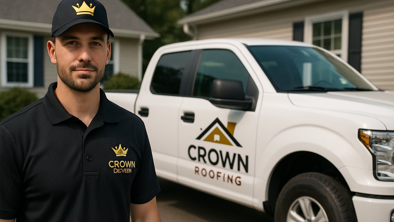 Crown Roofing & Exteriors technician and branded truck outside Connecticut home