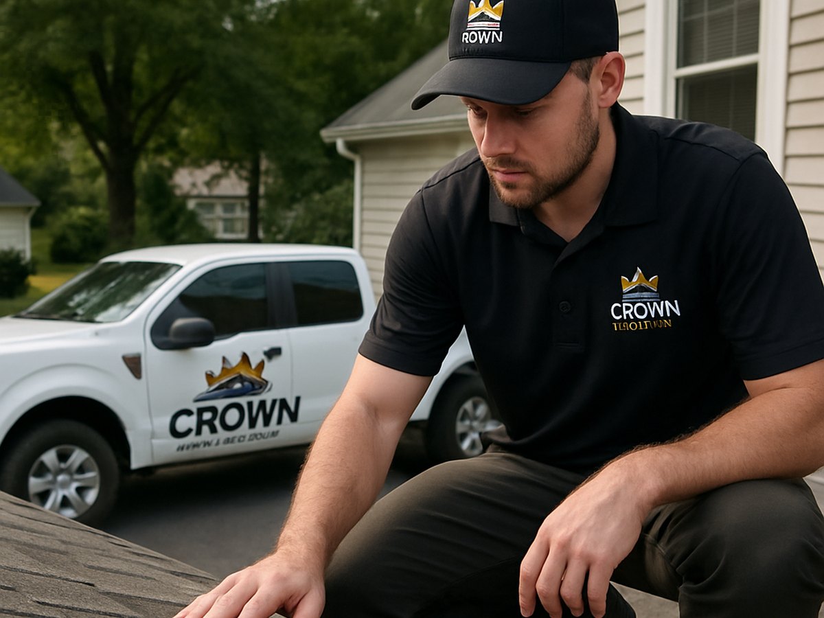 Crown Roofing & Exteriors crew inspecting shingles on Connecticut roof, branded truck visible