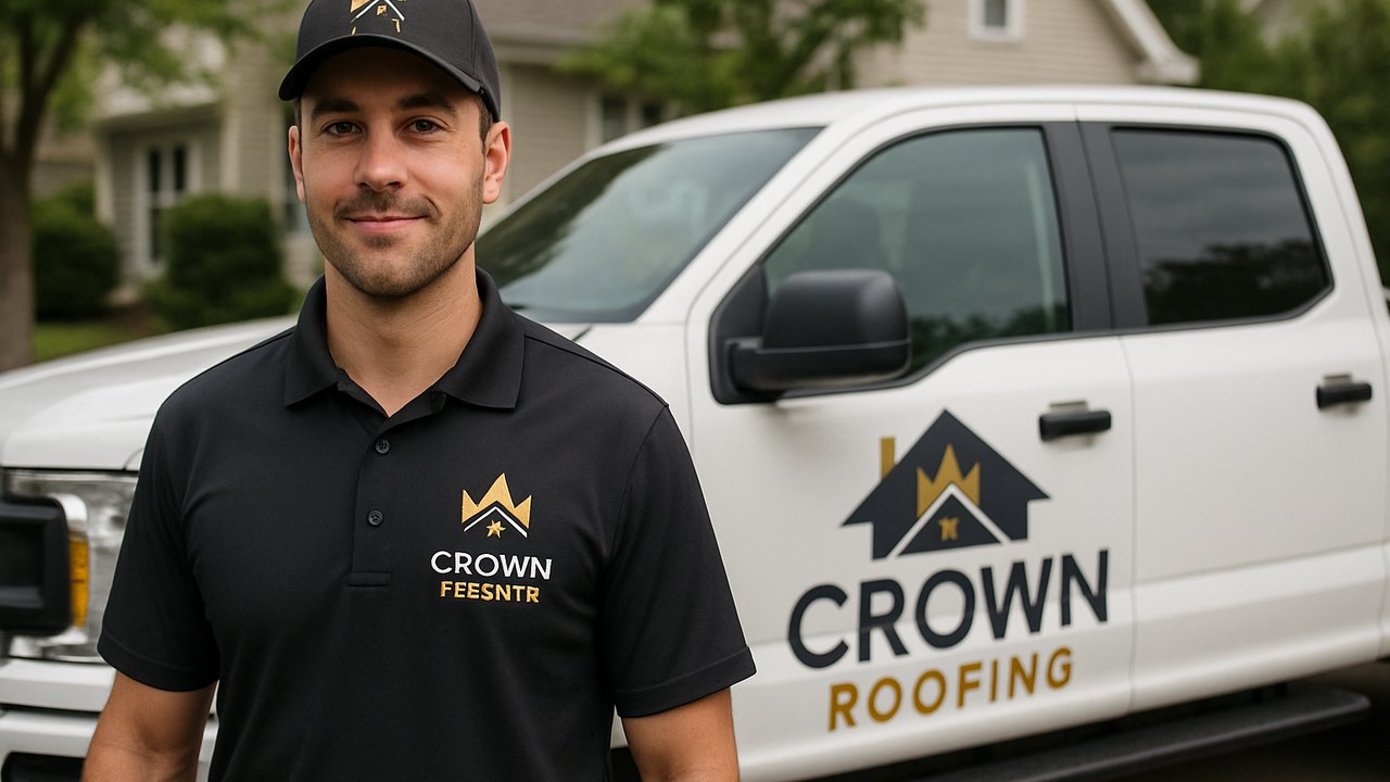 Crown Roofing & Exteriors technician in branded uniform and logo truck in Connecticut driveway